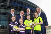 17 January 2018; Aviva Ireland today announced the extension of its naming rights of the Aviva Stadium until 2025. The company, which has been a proud partner to the IRFU and FAI since 2010, also sponsors and supports two successful grassroots programmes – the FAI’s Soccer Sisters programme and the IRFU’s Mini Rugby Festivals, which aid the development of soccer and rugby, respectively, for over 7500 children, every year. At today’s announcement at the Aviva Stadium were, from left, Philip Browne, CEO, IRFU, John Quinlan, CEO, Aviva Ireland, Martin Murphy, Stadium Director, and John Delaney, CEO, FAI, with Terenure RFC mini rugby players Lucas Devlin, age 8, and Bella Devlin, age 9, and Aviva Soccer Sisters participants, and members of Home Farm FC, Abbey Larkin, left, and Danielle Joyce, both aged 12. Photo by Stephen McCarthy/Sportsfile