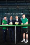 17 January 2018; Aviva Ireland today announced the extension of its naming rights of the Aviva Stadium until 2025. The company, which has been a proud partner to the IRFU and FAI since 2010, also sponsors and supports two successful grassroots programmes – the FAI’s Soccer Sisters programme and the IRFU’s Mini Rugby Festivals, which aid the development of soccer and rugby, respectively, for over 7500 children, every year. At today’s announcement at the Aviva Stadium were, from left, Republic of Ireland international Sean Maguire, Republic of Ireland manager Martin O’Neill, Ireland head coach Joe Schmidt and Ireland rugby centre Garry Ringrose. Photo by Stephen McCarthy/Sportsfile