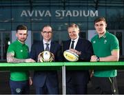17 January 2018; Aviva Ireland today announced the extension of its naming rights of the Aviva Stadium until 2025. The company, which has been a proud partner to the IRFU and FAI since 2010, also sponsors and supports two successful grassroots programmes – the FAI’s Soccer Sisters programme and the IRFU’s Mini Rugby Festivals, which aid the development of soccer and rugby, respectively, for over 7500 children, every year. At today’s announcement at the Aviva Stadium were, from left, Republic of Ireland international Sean Maguire, Republic of Ireland manager Martin O’Neill, Ireland head coach Joe Schmidt and Ireland rugby centre Garry Ringrose. Photo by Stephen McCarthy/Sportsfile