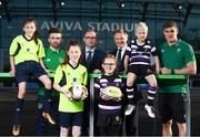 17 January 2018; Aviva Ireland today announced the extension of its naming rights of the Aviva Stadium until 2025. The company, which has been a proud partner to the IRFU and FAI since 2010, also sponsors and supports two successful grassroots programmes – the FAI’s Soccer Sisters programme and the IRFU’s Mini Rugby Festivals, which aid the development of soccer and rugby, respectively, for over 7500 children, every year. At today’s announcement at the Aviva Stadium were, from left, Republic of Ireland international Sean Maguire, Republic of Ireland manager Martin O’Neill, Ireland head coach Joe Schmidt and Ireland rugby centre Garry Ringrose with Aviva Soccer Sisters participants, and members of Home Farm FC, Danielle Joyce and Abbey Larkin, both aged 12, and Terenure RFC mini rugby players Lucas Devlin, age 8, and Bella Devlin, age 9. Photo by Stephen McCarthy/Sportsfile