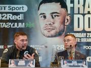 17 January 2018; Carl Frampton, right, and trainer Jamie Moore during a press conference at the Europa Hotel in Belfast. Photo by Oliver McVeigh/Sportsfile