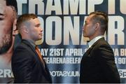 17 January 2018; Carl Frampton, left, and Nonito Donaire during a press conference at the Europa Hotel in Belfast. Photo by Oliver McVeigh/Sportsfile