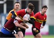 17 January 2018; Eoin Mahon of CBC Monkstown is tackled by Leo McDermott of Salesian College during the Bank of Ireland Leinster Schools Vinnie Murray Cup Round 2 match between Salesian College and CBC Monkstown at Donnybrook Stadium, in Dublin. Photo by Matt Browne/Sportsfile