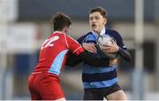 18 January 2018; Thomas West of Newpark Comprehensive in action against Benjamin White of CUS during the Bank of Ireland Leinster Schools Vinnie Murray Cup Round 2 match between Newpark Comprehensive and CUS at Donnybrook Stadium, in Dublin. Photo by Eóin Noonan/Sportsfile