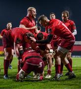 19 January 2018; Mike Sherry of Munster is congratulated by team-mates after scoring his side's first try during the British & Irish Cup Round 6 match between Munster A and Ospreys Premiership Select at Irish Independent Park in Cork. Photo by Diarmuid Greene/Sportsfile