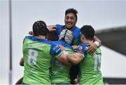 20 January 2018; Niyi Adeolokun of Connacht, centre, is congratulated by teammates John Muldoon, left, Bundee Aki, and Tiernan O’Halloran, right, after scoring his side's first try during the European Rugby Challenge Cup Pool 5 Round 6 match between Connacht and Oyonnax at the Sportsground in Galway. Photo by Seb Daly/Sportsfile