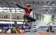20 January 2018; Fintan Dewhirst of Tír Chonaill, Co Donegal, competing in the U14 Boys Long Jump event during the Irish Life Health National Indoor Combined Events All Ages at Athlone IT in Westmeath. Photo by Sam Barnes/Sportsfile