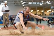 20 January 2018; Peadar McGing of Dundrum South Dublin AC, Co Dublin, competing in the Masters Men O50 Long Jump event during the Irish Life Health National Indoor Combined Events All Ages at Athlone IT in Westmeath. Photo by Sam Barnes/Sportsfile