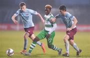 20 January 2018; Emanuell Lawal of Shamrock Rovers in action against David Hurley, left, and Peter Callanan of Cobh Ramblers during the Pre-season Friendly match between Shamrock Rovers and Cobh Ramblers at Tallaght Stadium in Dublin. Photo by Eóin Noonan/Sportsfile