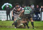 21 January 2018; Scott Calbeck of Tullow is tackled by Charlie Kings, left and Cillian Dempsey of Naas during the Bank of Ireland Provincial Towns Cup Round 1 match between Naas and Tullow at Naas RFC in Naas, Kildare. Photo by Sam Barnes/Sportsfile