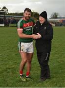 21 January 2018; Aidan O’Shea of Mayo with Sligo backroom staff member Tony Scullion following the Connacht FBD League Round 5 match between Sligo and Mayo at James Stephen's Park in Ballina, Co Mayo. Photo by Seb Daly/Sportsfile