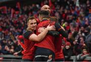 21 January 2018; Keith Earls of Munster is congratulated by team-mates, from left, Rory Scannell, Conor Murray and Simon Zebo after scoring his side's first try during the European Rugby Champions Cup Pool 4 Round 6 match between Munster and Castres at Thomond Park in Limerick. Photo by Stephen McCarthy/Sportsfile
