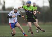 21 January 2018; Luke Meade of Mary Immaculate College Limerick in action against Colin Dunford of IT Carlow during the Electric Ireland HE GAA Fitzgibbon Cup Group D Round 1 match between IT Carlow and Mary Immaculate College Limerick at Heywood Community School in Laois. Photo by Eóin Noonan/Sportsfile