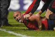 21 January 2018; Simon Zebo of Munster celebrates after scoring his side's fourth during the European Rugby Champions Cup Pool 4 Round 6 match between Munster and Castres at Thomond Park in Limerick. Photo by Diarmuid Greene/Sportsfile