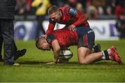 21 January 2018; Simon Zebo of Munster is congratulated by team mate Andrew Conway after scoring his side's fourth during the European Rugby Champions Cup Pool 4 Round 6 match between Munster and Castres at Thomond Park in Limerick. Photo by Diarmuid Greene/Sportsfile