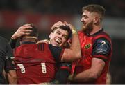 21 January 2018; Alex Wootton of Munster celebrates with team-mates James Cronin, left, and Darren O'Shea after scoring his side's fifth try during the European Rugby Champions Cup Pool 4 Round 6 match between Munster and Castres at Thomond Park in Limerick. Photo by Diarmuid Greene/Sportsfile
