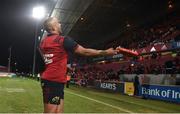 21 January 2018; Simon Zebo of Munster throws his boots into the crowd after the the European Rugby Champions Cup Pool 4 Round 6 match between Munster and Castres at Thomond Park in Limerick. Photo by Diarmuid Greene/Sportsfile