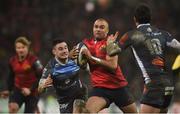 21 January 2018; Simon Zebo of Munster in action against Geoffrey Palis, left, and Julien Dumora of Castres on his way to scoring his side's fourth try during the European Rugby Champions Cup Pool 4 Round 6 match between Munster and Castres at Thomond Park in Limerick. Photo by Diarmuid Greene/Sportsfile