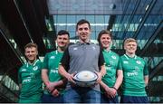 22 January 2018; Ireland U20 manager Noel McNamara, centre, with players, from left, Jonny Stewart, Diarmuid Barron, Sean Masterson and Tommy O'Brien in attendance at the the Ireland U20 Rugby Press Conference at PwC Head Office in Spencer Dock, Dublin. Photo by David Fitzgerald/Sportsfile