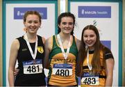 20 January 2018; Girls U16 Medallists, from left, Aisling MacHugh of Naas AC, Co Kildare, silver, Niamh McCorry of Annalee AC, Co Cavan, gold, and Emily Wall of Leevale AC, Co Cork, bronze, during the Irish Life Health National Indoor Combined Events All Ages at Athlone IT in Westmeath. Photo by Sam Barnes/Sportsfile