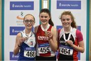 20 January 2018; Girls U14 Medallists, from left, Laura Kelly of Ratoath AC, Co Meath, Ava Rochford of Ennis Track AC, Co Clare, and Aideen Drury, Shercock AC, Co Cavan, during the Irish Life Health National Indoor Combined Events All Ages at Athlone IT in Westmeath. Photo by Sam Barnes/Sportsfile