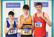 20 January 2018; Boys U15 Medallists, from left, Joseph Gillespie of Finn Valley AC, Co Donegal, silver, Harry Nevin of Leevale AC, Co Cork, gold, and Leo Carey McDermott of Tír Chonaill AC, Co Donegal, during the Irish Life Health National Indoor Combined Events All Ages at Athlone IT in Westmeath. Photo by Sam Barnes/Sportsfile