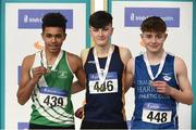20 January 2018; Boys U16 Medallists, from left, Jordan Knight of St Josephs AC, Co Kilkenny, silver, Jack Forde of St Killians AC, Co Wexford, gold, and Jordan Kissane of Tralee Harriers AC, Co Kerry, bronze, during the Irish Life Health National Indoor Combined Events All Ages at Athlone IT in Westmeath. Photo by Sam Barnes/Sportsfile