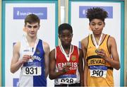 20 January 2018; Boys U14 Medallists, from left, Evan Farrelly of Tullamore Harriers AC, Co Offaly, silver, William Bello of Ennis Track Club, Co Clare, gold, and Kyle Ettoh of Leevale AC, Co Cork, bronze, during the Irish Life Health National Indoor Combined Events All Ages at Athlone IT in Westmeath. Photo by Sam Barnes/Sportsfile