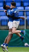 22 January 2018; Ola Aro of Wilson's Hospital, left, celebrates scoring a try with team-mate Michael Cooper during the Bank of Ireland Leinster Schools Fr. Godfrey Cup 2nd Round match between Skerries Community College and Wilson's Hospital at Donnybrook Stadium in Dublin.  Photo by Piaras Ó Mídheach/Sportsfile