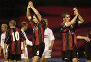 30 July 2003; Bohemians players Colin Hawkins, left and Fergal Harkin at the end of the game after defeat to Rosenborg. UEFA Champions League 2nd Round Qualifier, 1st Leg, Bohemians v Rosenborg, Dalymount Park, Dublin. Picture credit; David Maher / SPORTSFILE *EDI*