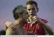 2 August 2003; Tony Bird of St Patrick's Athletic, left, celebrates after scoring his side's equalizing goal with team-mate Colm Foley during the eircom League Premier Division match between Longford Town and St Patrick's Athletic at Flancare Park, Longford. Photo by David Maher/Sportsfile