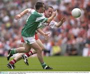 3 August 2003; Fermanagh's Michael Lilley in action against Stephen O'Neill, Tyrone. Bank of Ireland All-Ireland Senior Football Championship Quarter Final, Tyrone v Fermanagh, Croke Park, Dublin. Picture credit; Damien Eagers / SPORTSFILE *EDI*