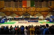 23 January 2018; The teams stand for the National Anthem prior to the Subway All-Ireland Schools U19C Girls Cup Final match between Carrick On Shannon and Colaiste Pobail Setanta at the National Basketball Arena in Tallaght, Dublin. Photo by David Fitzgerald/Sportsfile