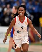 23 January 2018; Mary Jane Obijuru of Colaiste Pobail Setanta celebrates as the buzzer sounds following the Subway All-Ireland Schools U19C Girls Cup Final match between Carrick On Shannon and Colaiste Pobail Setanta at the National Basketball Arena in Tallaght, Dublin. Photo by David Fitzgerald/Sportsfile