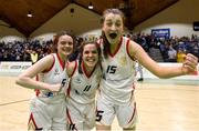 23 January 2018; Colaiste Pobail Setanta players, from left, Aoibh O'Connor, Zoe O'Sullivan and Katie Williamson celebrate following the Subway All-Ireland Schools U19C Girls Cup Final match between Carrick On Shannon and Colaiste Pobail Setanta at the National Basketball Arena in Tallaght, Dublin. Photo by David Fitzgerald/Sportsfile