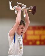 23 January 2018; Sligo Grammar captain Mark McGlynn lifts the trophy following his side's victory in the Subway All-Ireland Schools U16C Boys Cup Final match between Sligo Grammar and St Munchins Limerick at the National Basketball Arena in Tallaght, Dublin. Photo by David Fitzgerald/Sportsfile