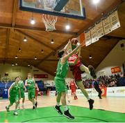 23 January 2018; Adam Riordan of Templeogue College scores a layup despite the attempted block from John Moran of St Malachy's Belfast during the Subway All-Ireland Schools U19A Boys Cup Final match between St Malachy's Belfast and Templeogue College at the National Basketball Arena in Tallaght, Dublin. Photo by David Fitzgerald/Sportsfile