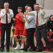 23 January 2018; Templeogue College assistant manager Conor O'Kelly, right, and manager Eddie Guilmartin celebrate at the final buzzer following the Subway All-Ireland Schools U19A Boys Cup Final match between St Malachy's Belfast and Templeogue College at the National Basketball Arena in Tallaght, Dublin. Photo by David Fitzgerald/Sportsfile