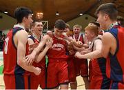 23 January 2018; Matthew Harper of Templeogue College is congratulated by team mates after he won the MVP award following the Subway All-Ireland Schools U19A Boys Cup Final match between St Malachy's Belfast and Templeogue College at the National Basketball Arena in Tallaght, Dublin. Photo by David Fitzgerald/Sportsfile