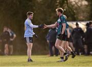 23 January 2018; Darren Maguire of University College Dublin and Paul Cribben of Maynooth University shake hands following the Electric Ireland HE GAA Sigerson Cup Round 1 match between Maynooth University and University College Dublin at Maynooth University North Campus in Maynooth, Kildare. Photo by Seb Daly/Sportsfile