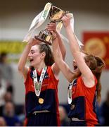 23 January 2018; St Colmcille's Community School joint-captains Emma Mullins, left, and Hannah Byrne lift the trophy following the Subway All-Ireland Schools U16C Girls Cup Final match between Jesus & Mary Gortnor Abbey and St Colmcilles Knocklyon at the National Basketball Arena in Tallaght, Dublin. Photo by David Fitzgerald/Sportsfile