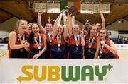 23 January 2018; St Colmcille's Community School players celebrate following their side's victory in the Subway All-Ireland Schools U16C Girls Cup Final match between Jesus & Mary Gortnor Abbey and St Colmcilles Knocklyon at the National Basketball Arena in Tallaght, Dublin. Photo by David Fitzgerald/Sportsfile