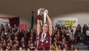24 January 2018; Lauren Devitt of Loreto Stephen's Green lifts the cup after the Subway All-Ireland Schools U19B Girls Cup Final match between Ulidia Integrated and Loreto Stephen's Green at the National Basketball Arena in Tallaght, Dublin. Photo by Eóin Noonan/Sportsfile