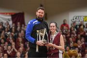 24 January 2018; Templeogue and Ireland basketball player Jason Killeen presents the trophy to Loreto Stephen's Green captain Lauren Devitt after during the Subway All-Ireland Schools U19B Girls Cup Final match between Ulidia Integrated and Loreto Stephen's Green at the National Basketball Arena in Tallaght, Dublin. Photo by Eóin Noonan/Sportsfile