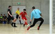 24 January 2018; Kieran McDaid of IT Carlow in action against Dylan Kelly and goalkeeper Sam O'Connor of National College of Ireland during the CUFL Men’s Futsal Finals at Waterford IT Arena in Waterford. Photo by Diarmuid Greene/Sportsfile