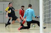 24 January 2018; Kieran McDaid of IT Carlow in action against Dylan Kelly and goalkeeper Sam O'Connor of National College of Ireland during the CUFL Men’s Futsal Finals at Waterford IT Arena in Waterford. Photo by Diarmuid Greene/Sportsfile