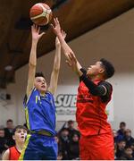 24 January 2018; Roman Gadioux of Colaiste Einde Galway in action against Jordan Ukah of Colaiste an Spioraid Naoimh during the Subway All-Ireland Schools U16B Boys Cup Final match between Colaiste Einde Galway and Colaiste an Spioraid Naoimh at the National Basketball Arena in Tallaght, Dublin. Photo by Eóin Noonan/Sportsfile