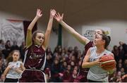24 January 2018; Enya Maguire of Ulidia Integrated in action against Lauren Devitt, left and Martha McGlade of Loreto Stephen's Green during the Subway All-Ireland Schools U19B Girls Cup Final match between Ulidia Integrated and Loreto Stephen's Green at the National Basketball Arena in Tallaght, Dublin. Photo by Eóin Noonan/Sportsfile