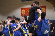 24 January 2018; James Webb of Colaiste Einde Galway celebrates with supporters after the Subway All-Ireland Schools U16B Boys Cup Final match between Colaiste Einde Galway and Colaiste an Spioraid Naoimh at the National Basketball Arena in Tallaght, Dublin. Photo by Eóin Noonan/Sportsfile