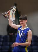 24 January 2018; James Webb of Colaiste Einde Galway lifts the trophy after the Subway All-Ireland Schools U16B Boys Cup Final match between Colaiste Einde Galway and Colaiste an Spioraid Naoimh at the National Basketball Arena in Tallaght, Dublin. Photo by Eóin Noonan/Sportsfile
